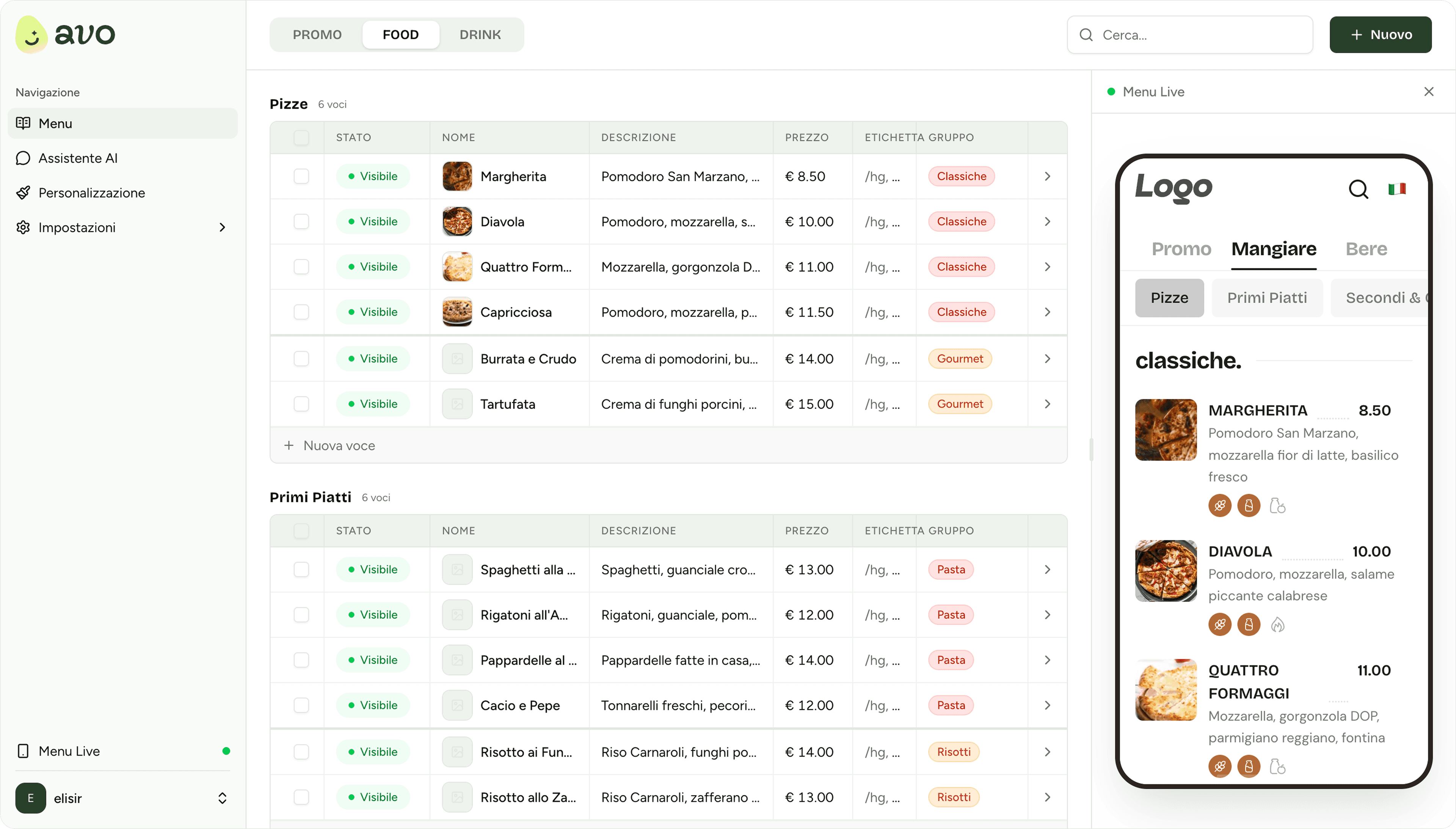 Avo back office — Gestione menu